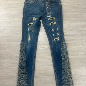 **NEW** KDNK Men's Dark Blue Distressed stacked Jeans sz 32